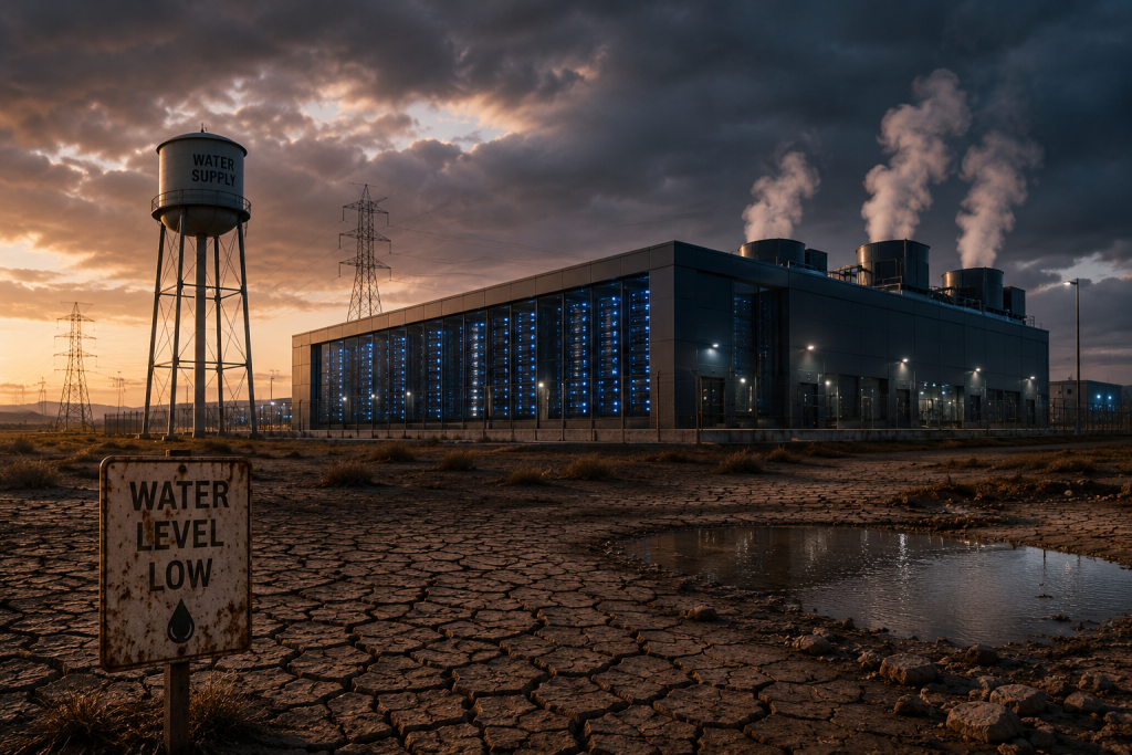 AI data center in a rural area highlighting water scarcity and infrastructure strain