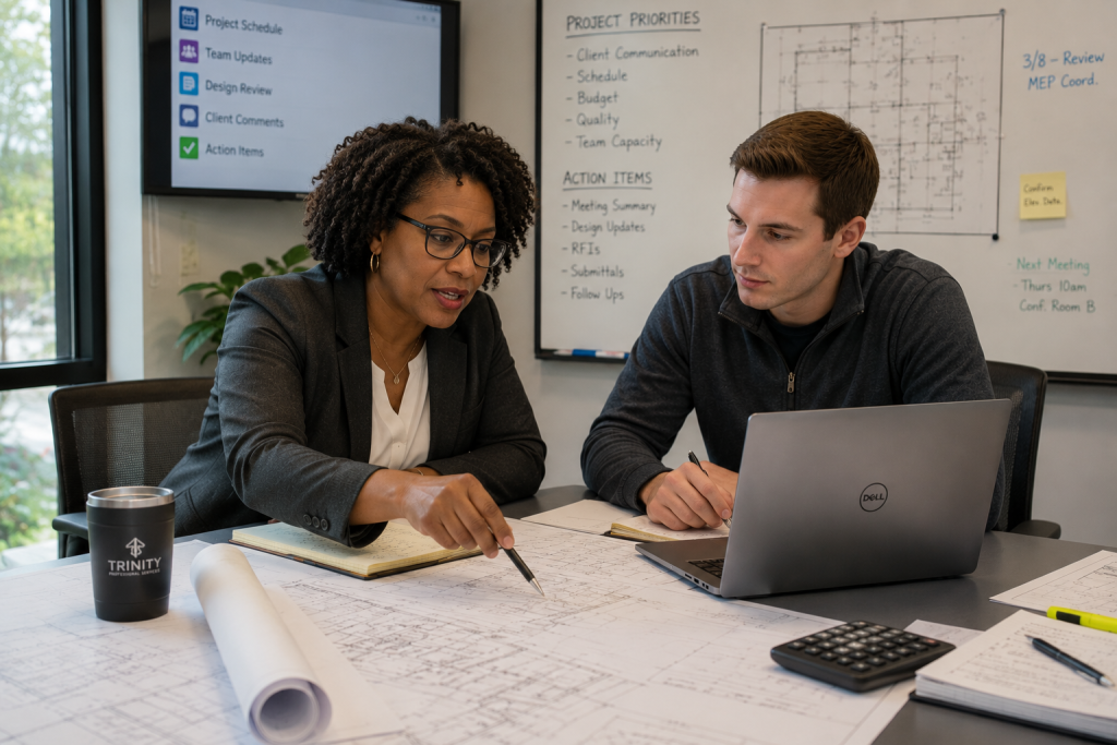 female engineer mentoring a younger engineer while reviewing project plans and digital workflows in a modern office