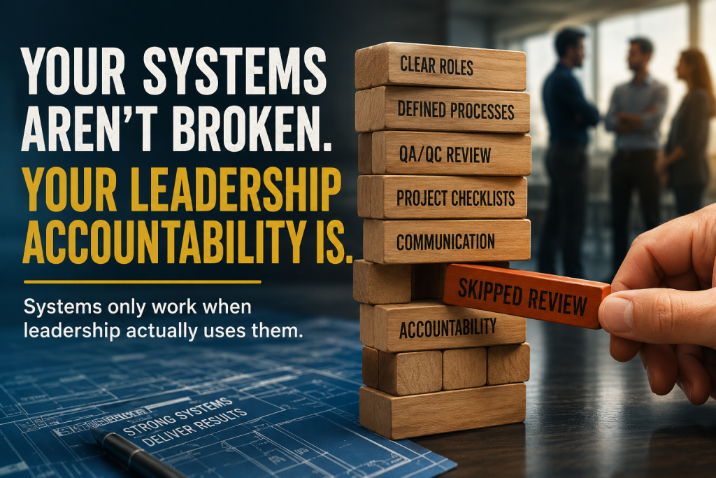 Leadership accountability illustration showing a project system becoming unstable when a QA/QC review is skipped under pressure.