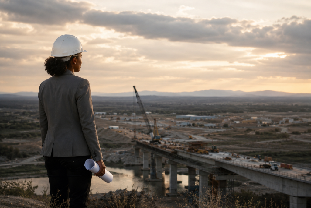 A professional engineer standing at a construction site looking outward, representing the transition from technical excellence to leadership
