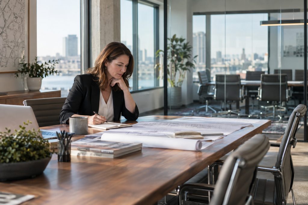 Professional reviewing project plans at a meeting table with empty chairs